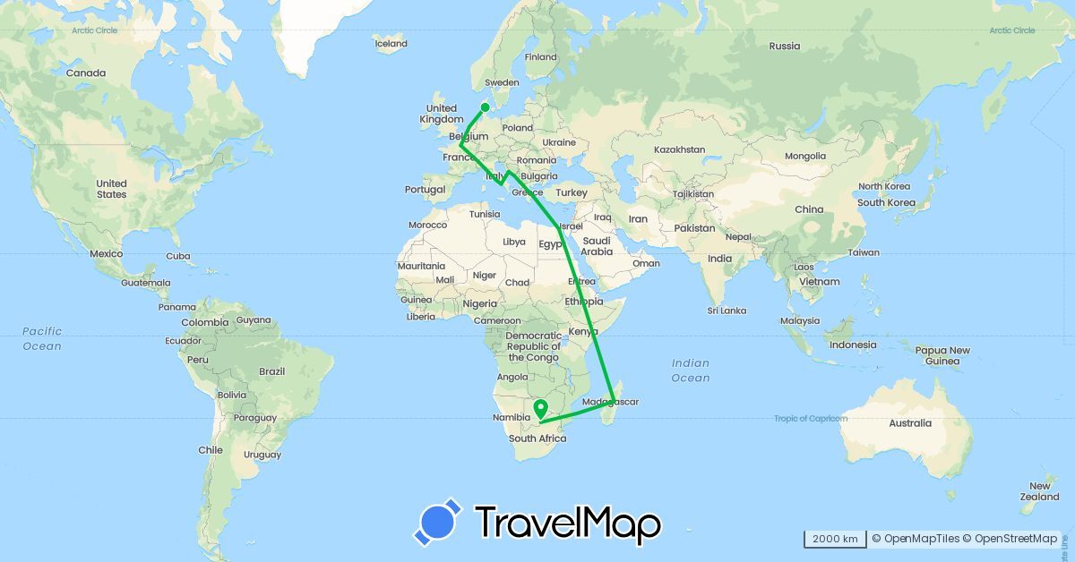 TravelMap itinerary: driving, bus in Botswana, Denmark, Egypt, France, Greece, Croatia, Italy, Madagascar, Netherlands (Africa, Europe)